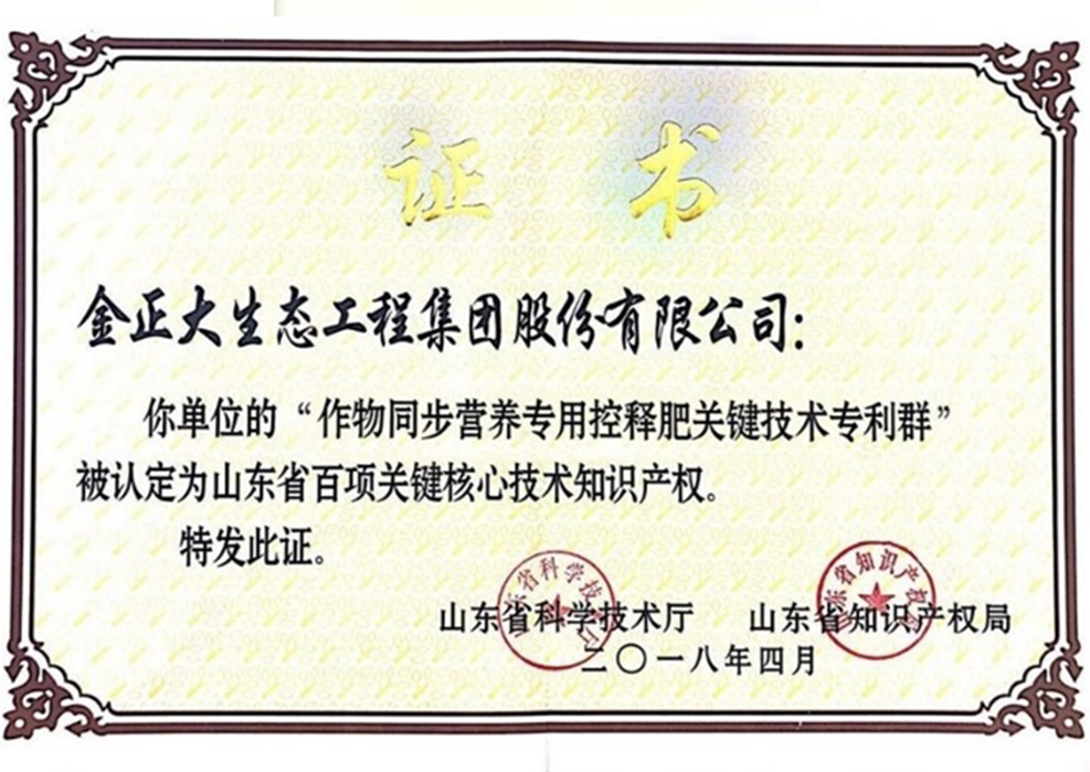 金正大喜获山东省百项关键核心技术知识产权和专利一等奖